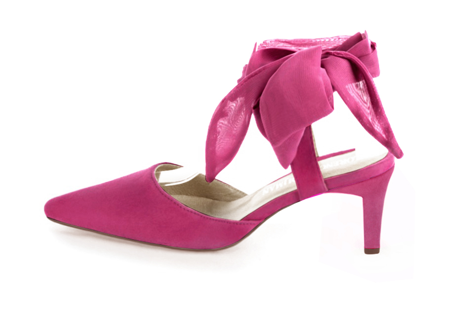 French elegance and refinement for these fuschia pink dress open back shoes, with an ankle scarf, 
                available in many subtle leather and colour combinations. This pretty pump will sublimate your leg with its scarf tied at the ankle.  
                Matching clutches for parties, ceremonies and weddings.   
                You can customize these shoes to perfectly match your tastes or needs, and have a unique model.  
                Choice of leathers, colours, knots and heels. 
                Wide range of materials and shades carefully chosen.  
                Rich collection of flat, low, mid and high heels.  
                Small and large shoe sizes - Florence KOOIJMAN